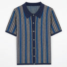 Vertical stripe knit full placket polo in navy