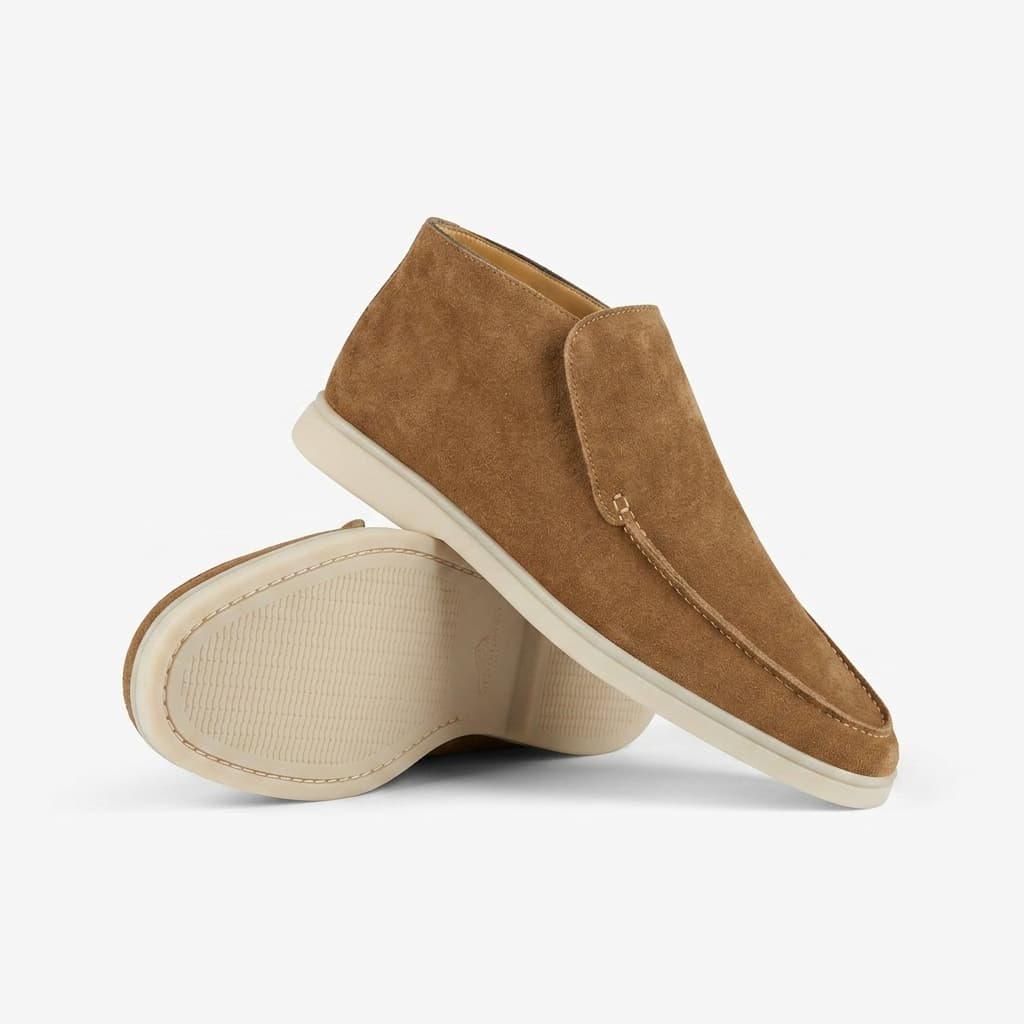 Suede hi top slip on loafer in camel