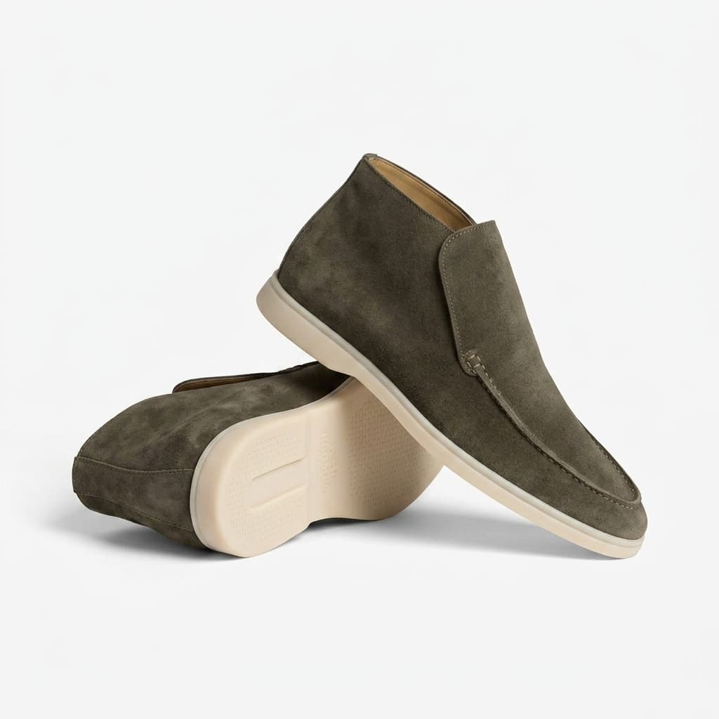 Suede hi top slip on loafer in military green