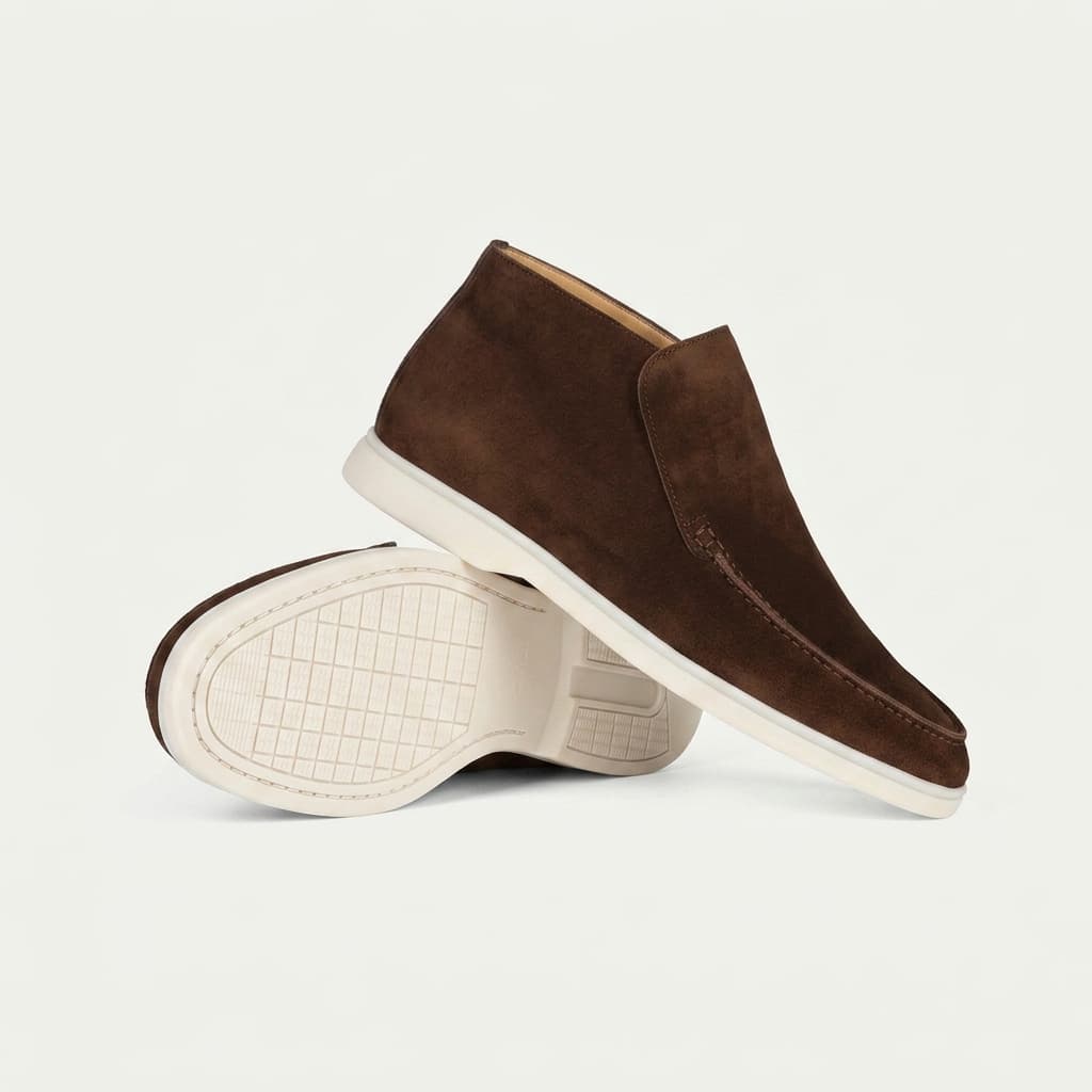 Suede hi top slip on loafer in saddle brown