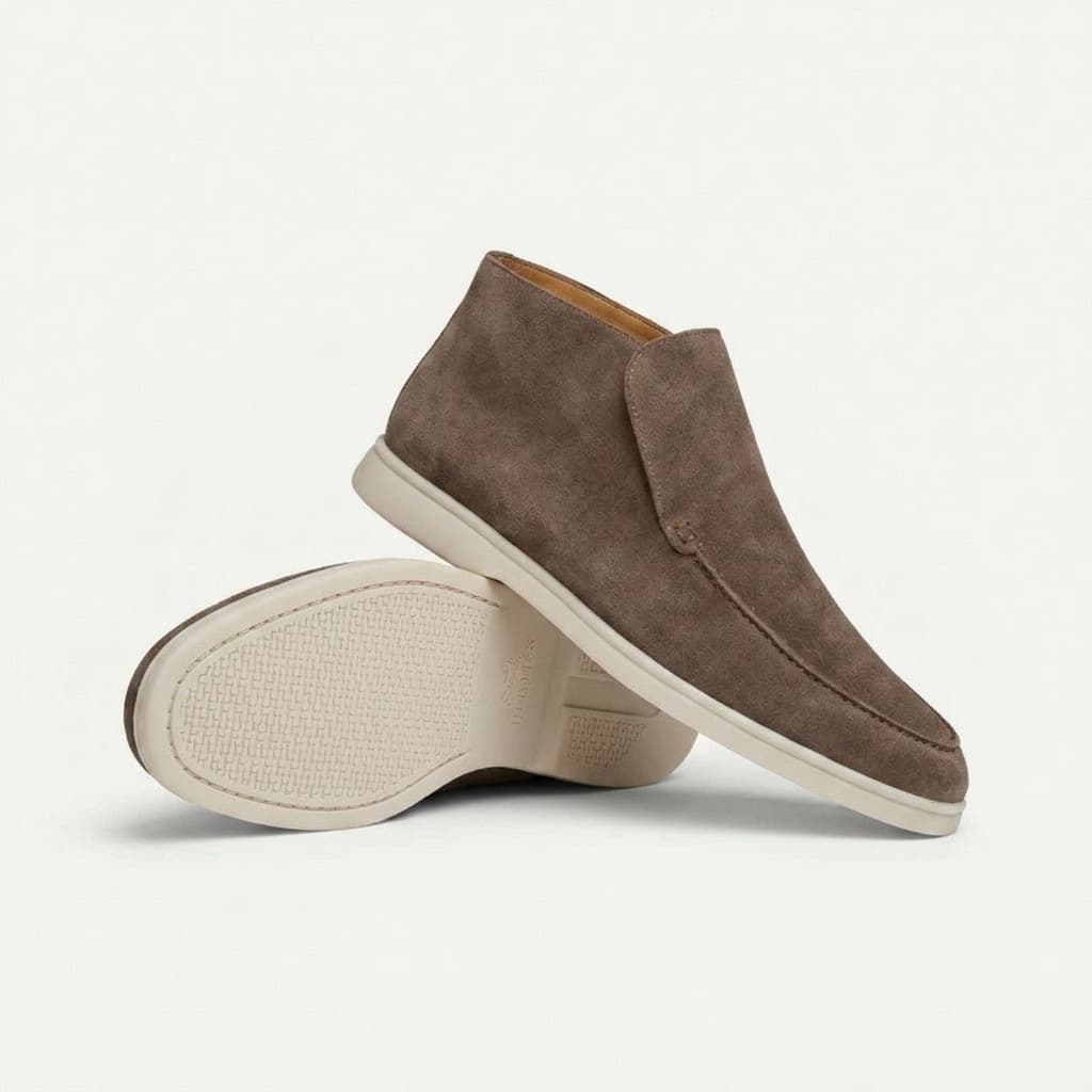 Suede hi top slip on loafer in taupe