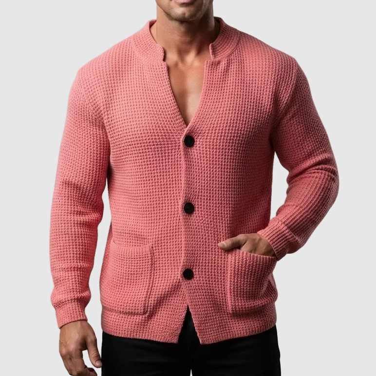 Cardigan Sweater Mens Waffle Knit Stand Collar Button Front Textured