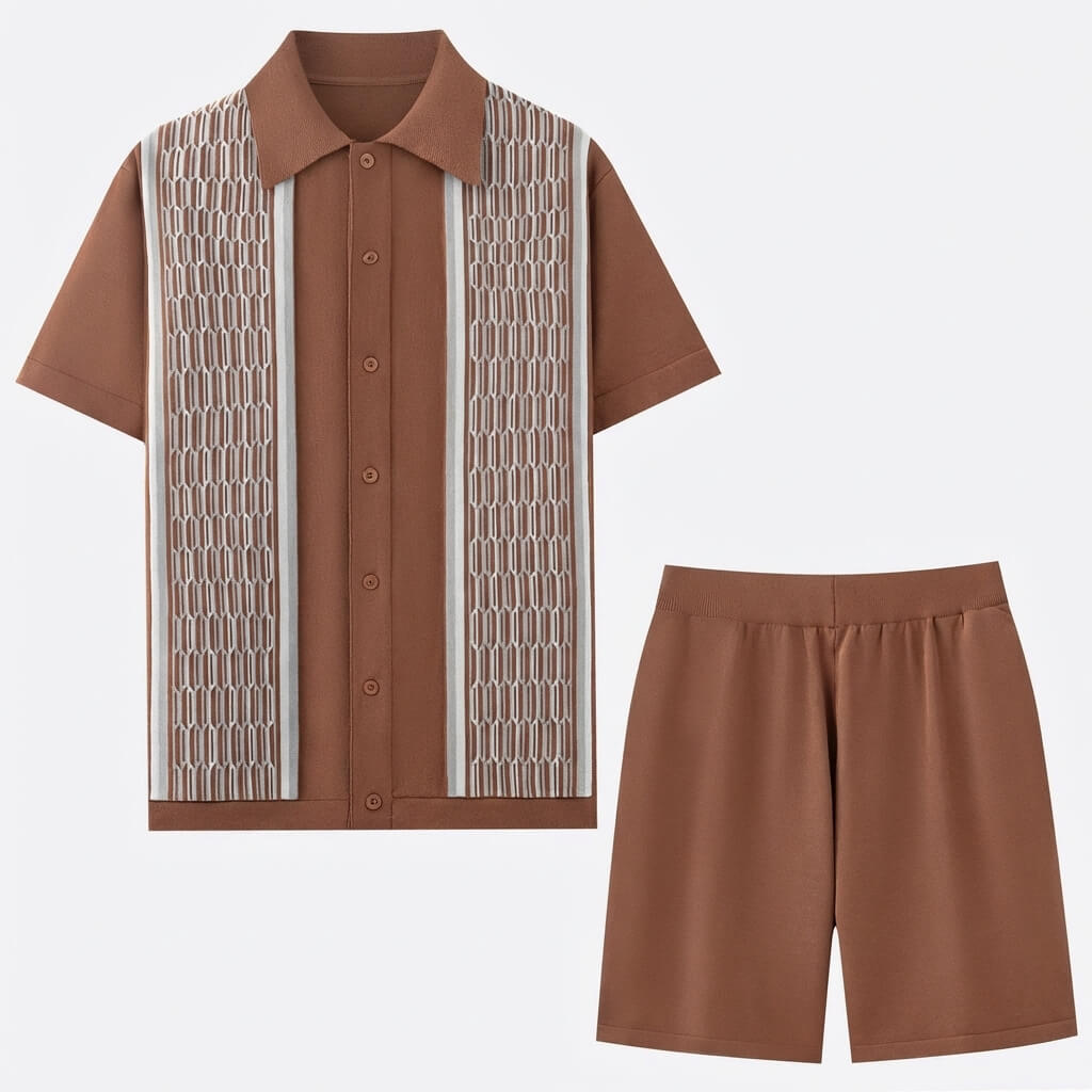 Mosaic knit shirt and shorts two piece set in cognac
