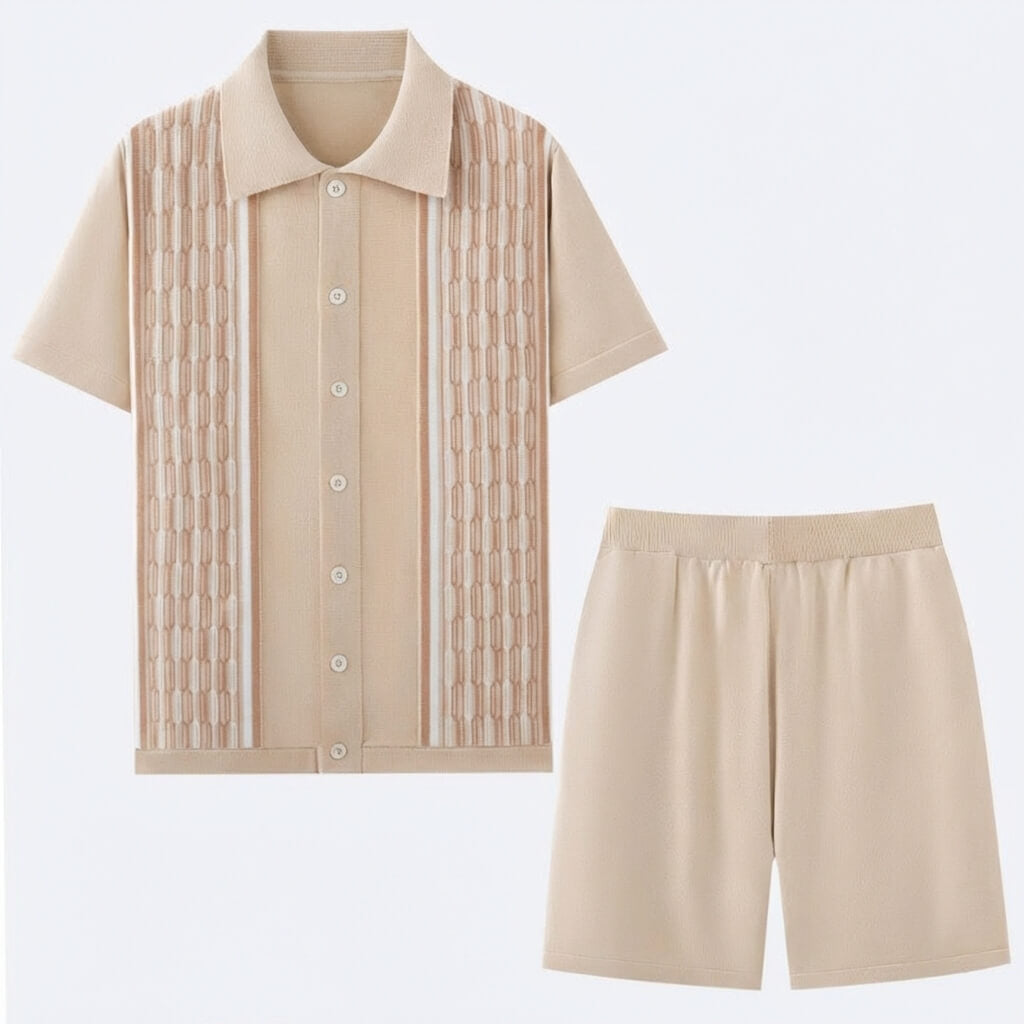 Mosaic knit shirt and shorts two piece set in champagne