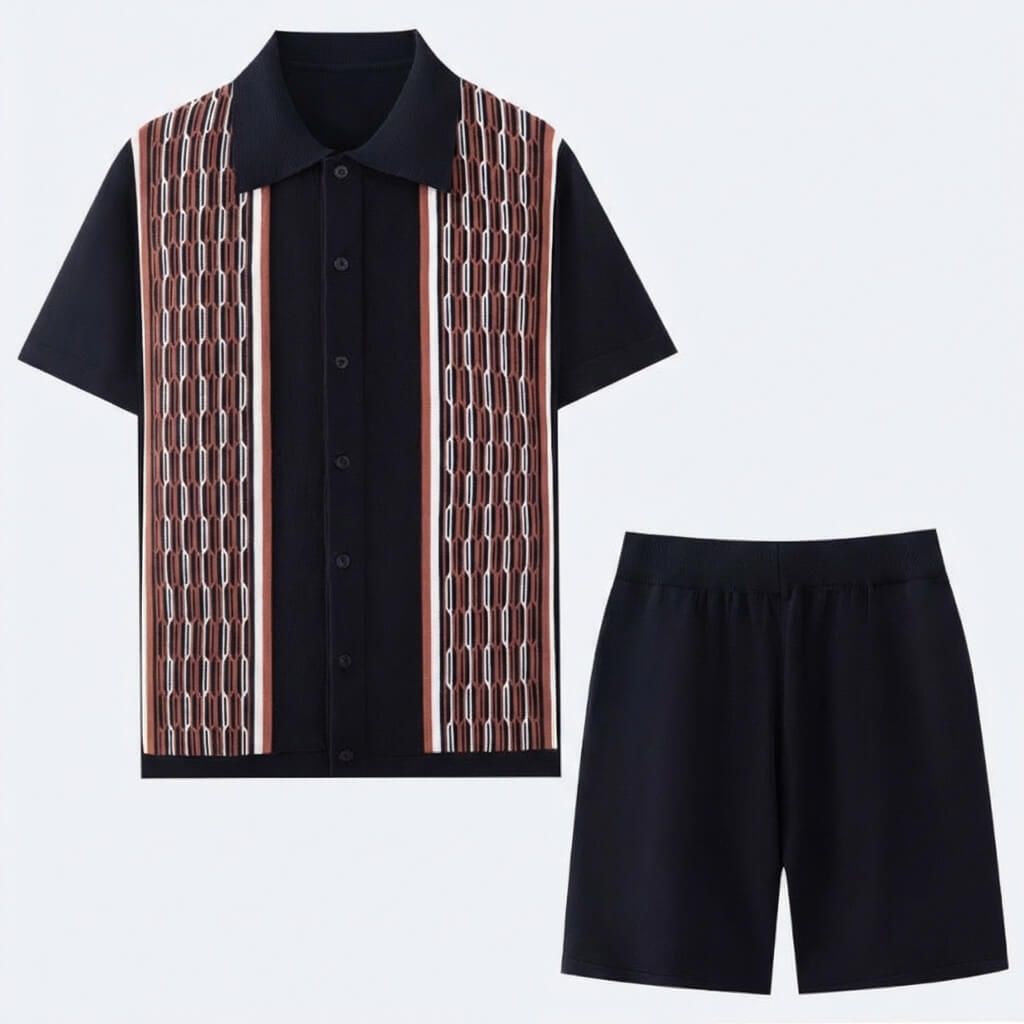 Mosaic knit shirt and shorts two piece set in charcoal