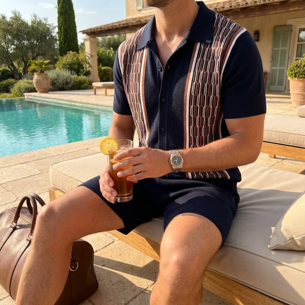 Mosaic knit shirt and shorts two piece set, view 8