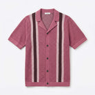 Vertical stripe crochet knit camp collar polo in rose gold