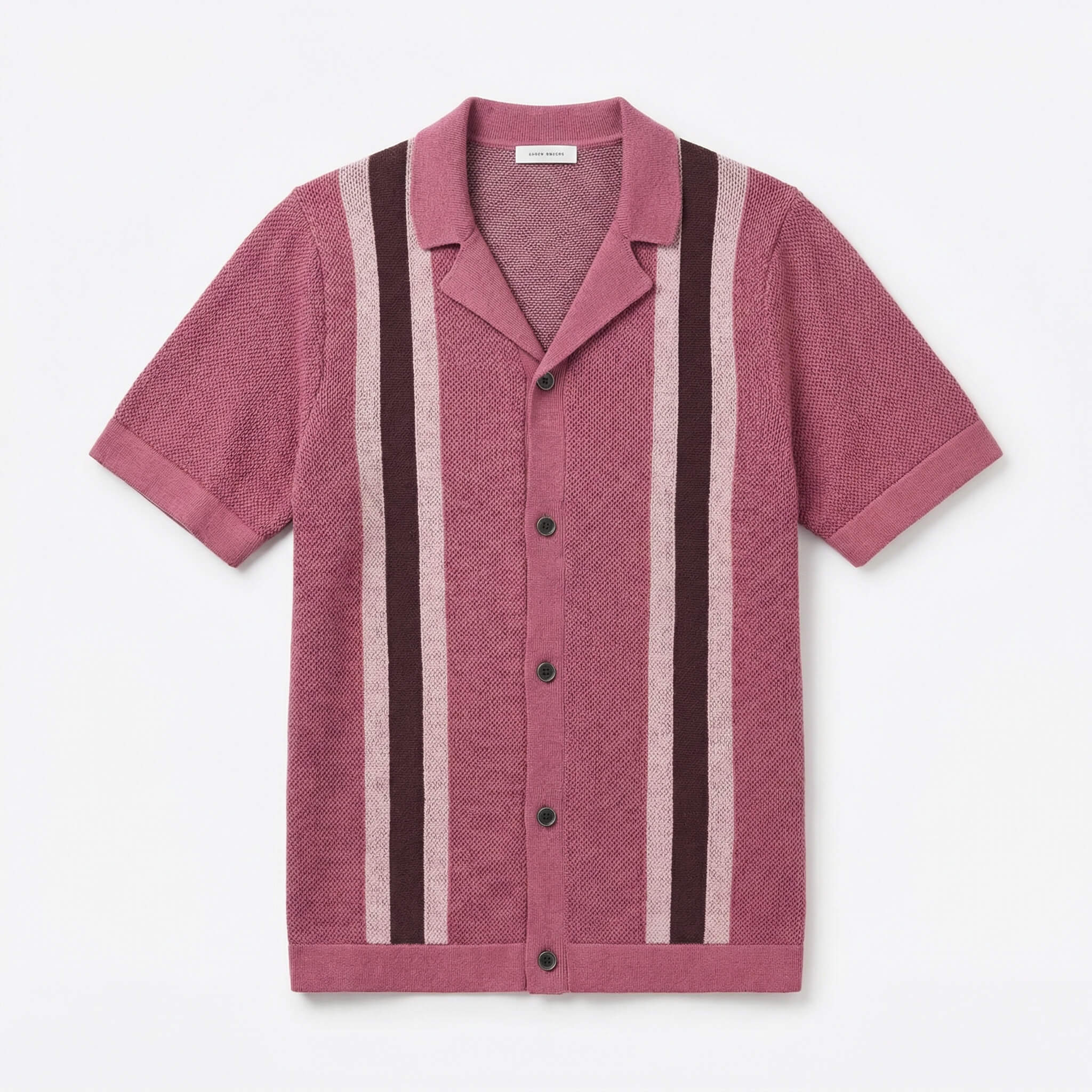 Vertical stripe crochet knit camp collar polo in rose gold