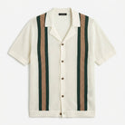 Vertical stripe crochet knit camp collar polo in ivory