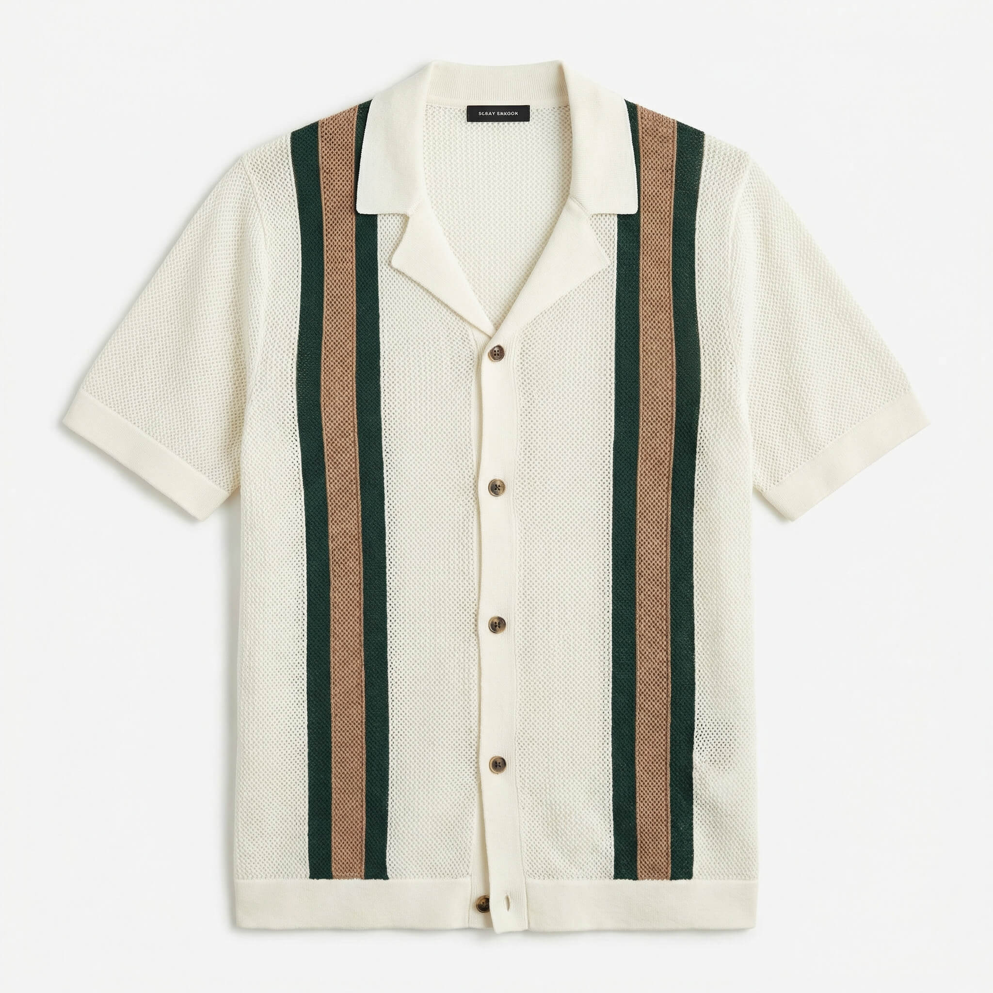 Vertical stripe crochet knit camp collar polo in ivory