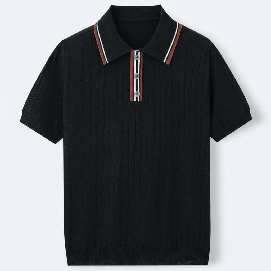 Ribbed textured knit three button polo in black