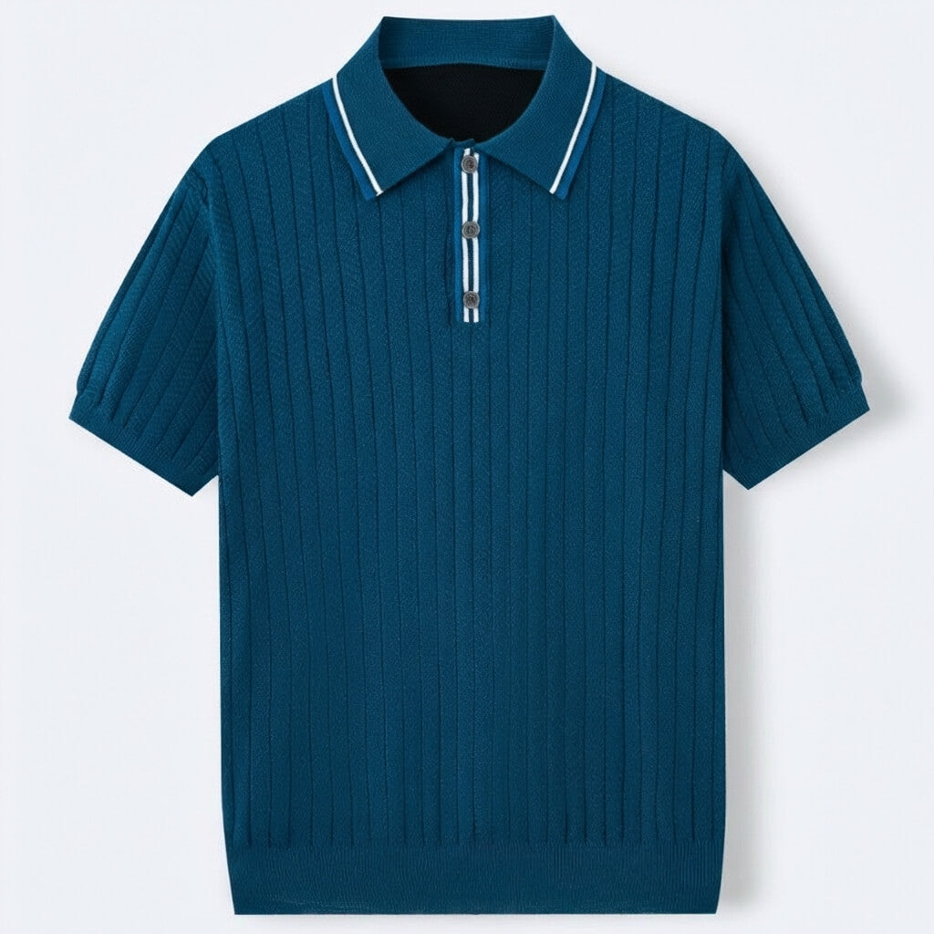 Ribbed textured knit three button polo in navy