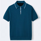 Ribbed textured knit three button polo in navy