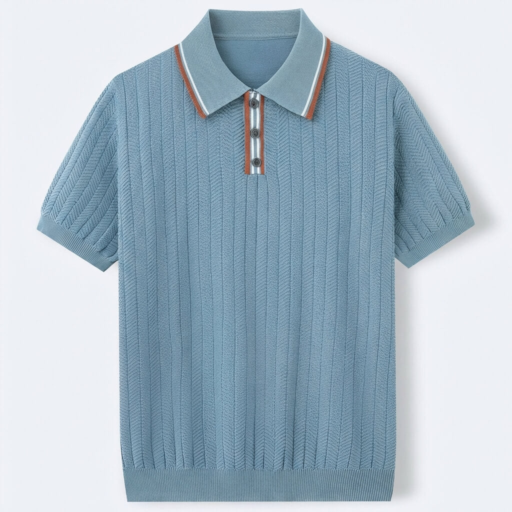 Ribbed textured knit three button polo in blue