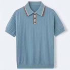 Ribbed textured knit three button polo in blue