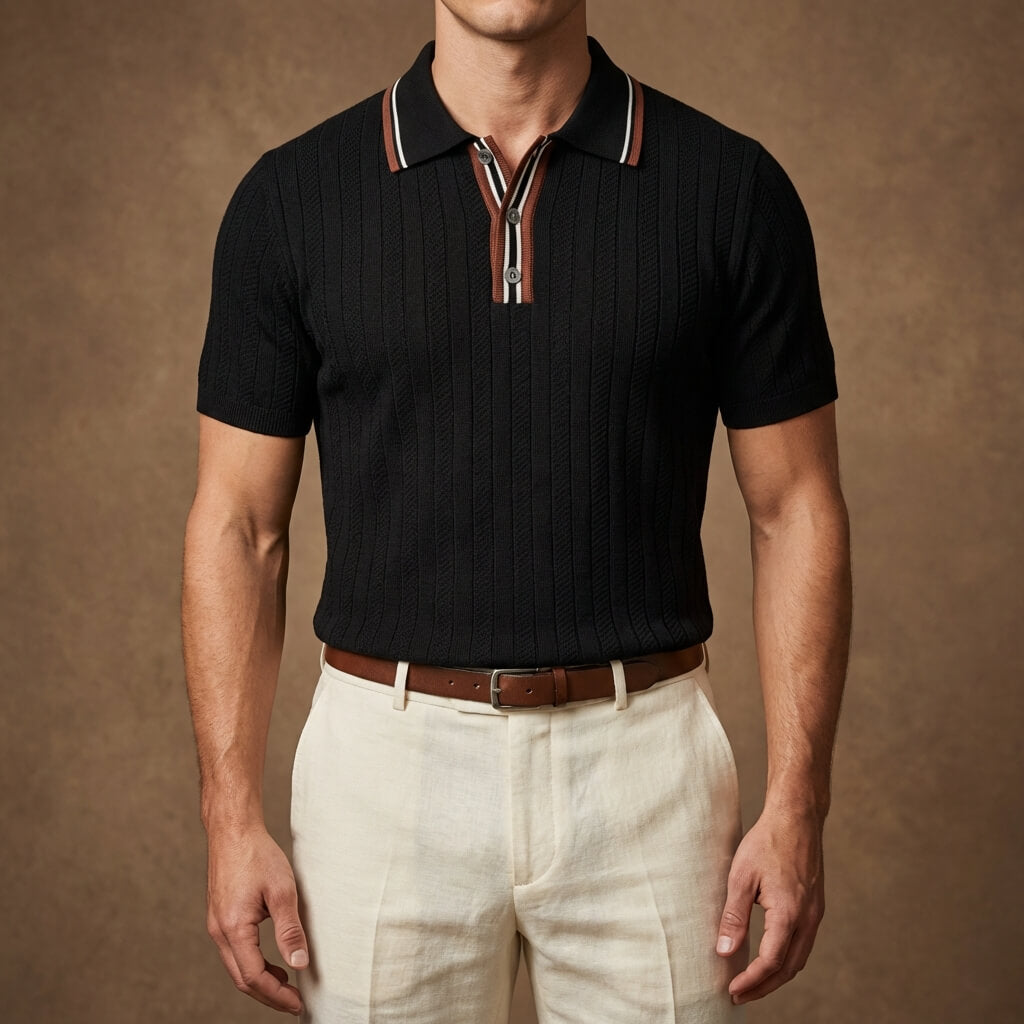 Ribbed textured knit three button polo, view 10