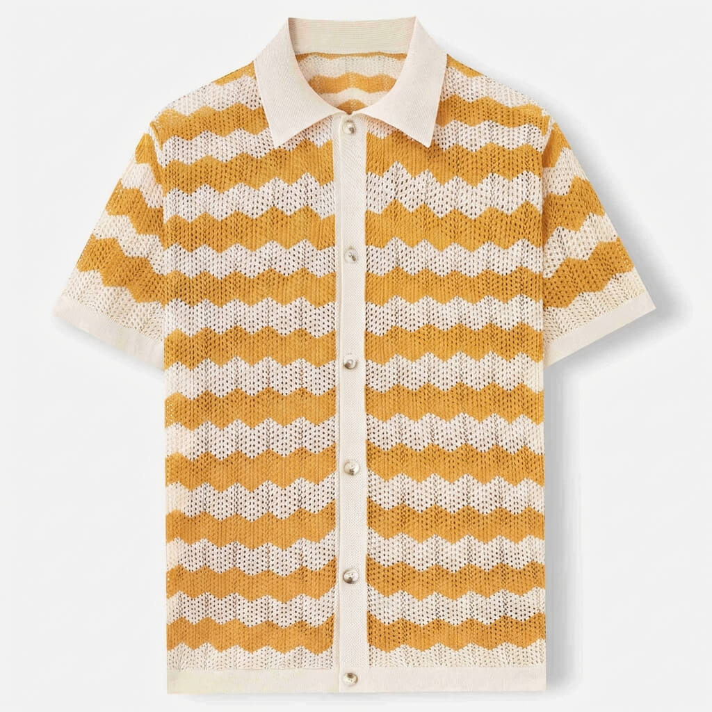 Seventies style ribbed trim crochet shirt in gold