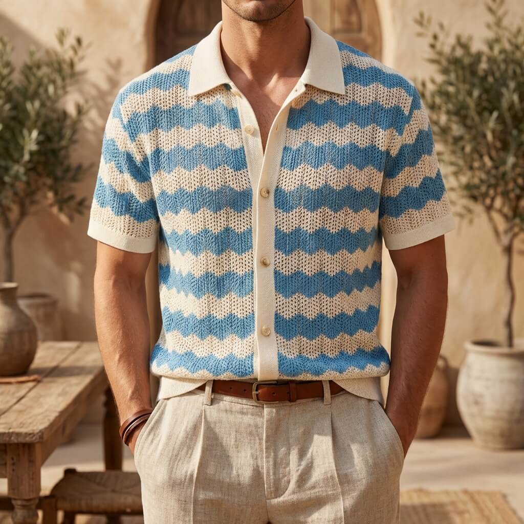 Seventies style ribbed trim crochet shirt, view 3