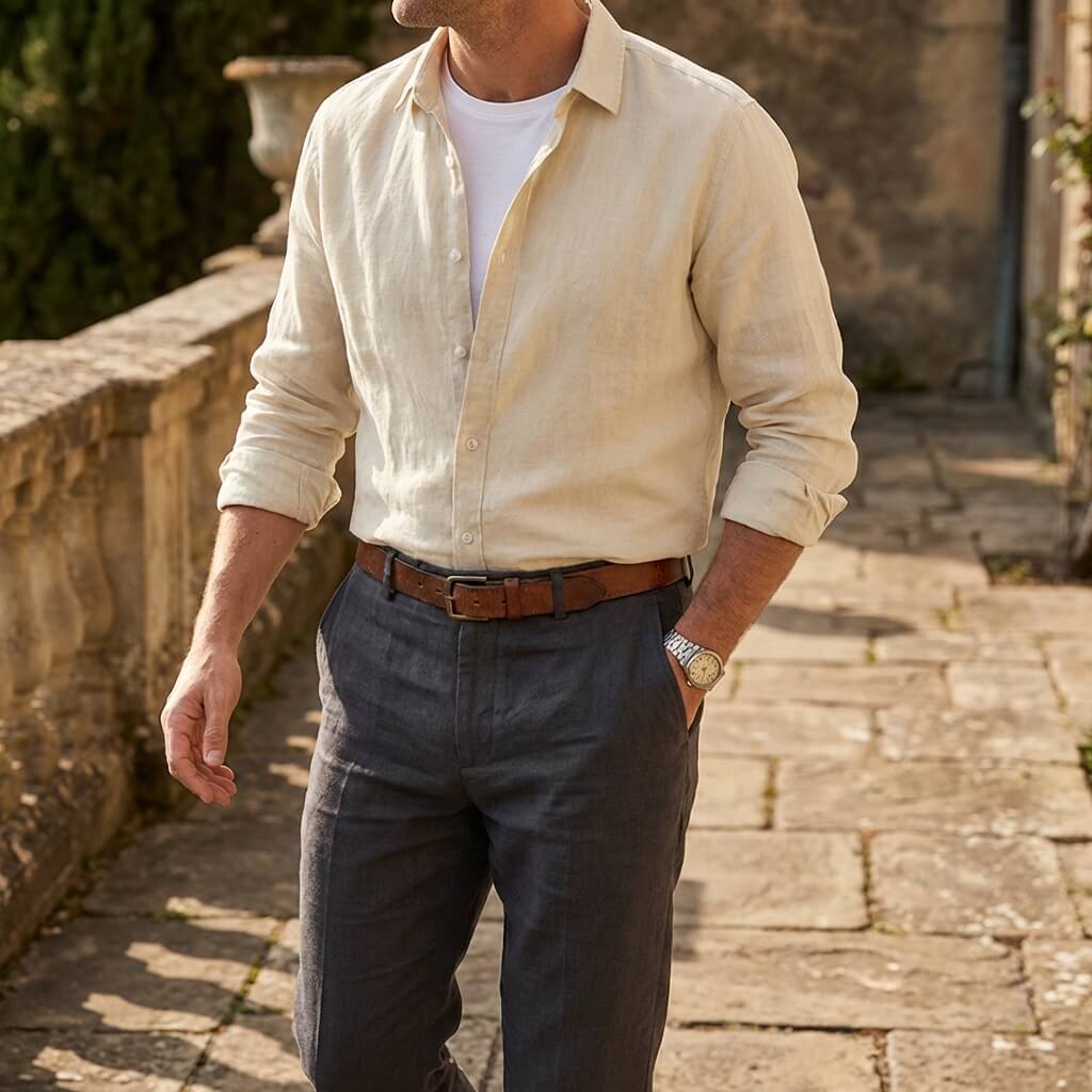 Spread collar linen long sleeve shirt, view 2