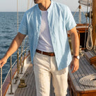 Band collar linen cotton short sleeve shirt, view 6