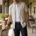 Band collar linen cotton short sleeve shirt, view 2