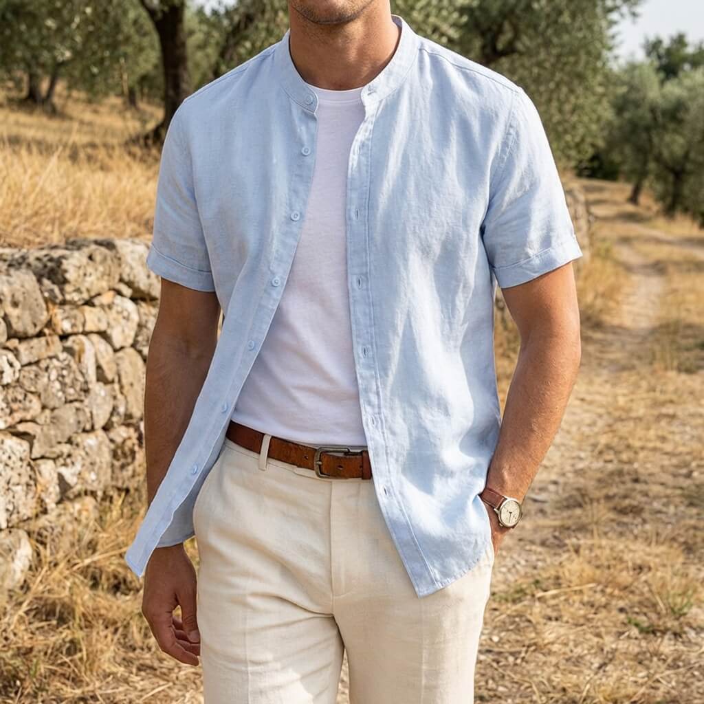 Band collar linen cotton short sleeve shirt, view 4