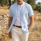 Band collar linen cotton short sleeve shirt, view 4