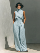 Sleeveless tank and loose wide leg pants set in light blue