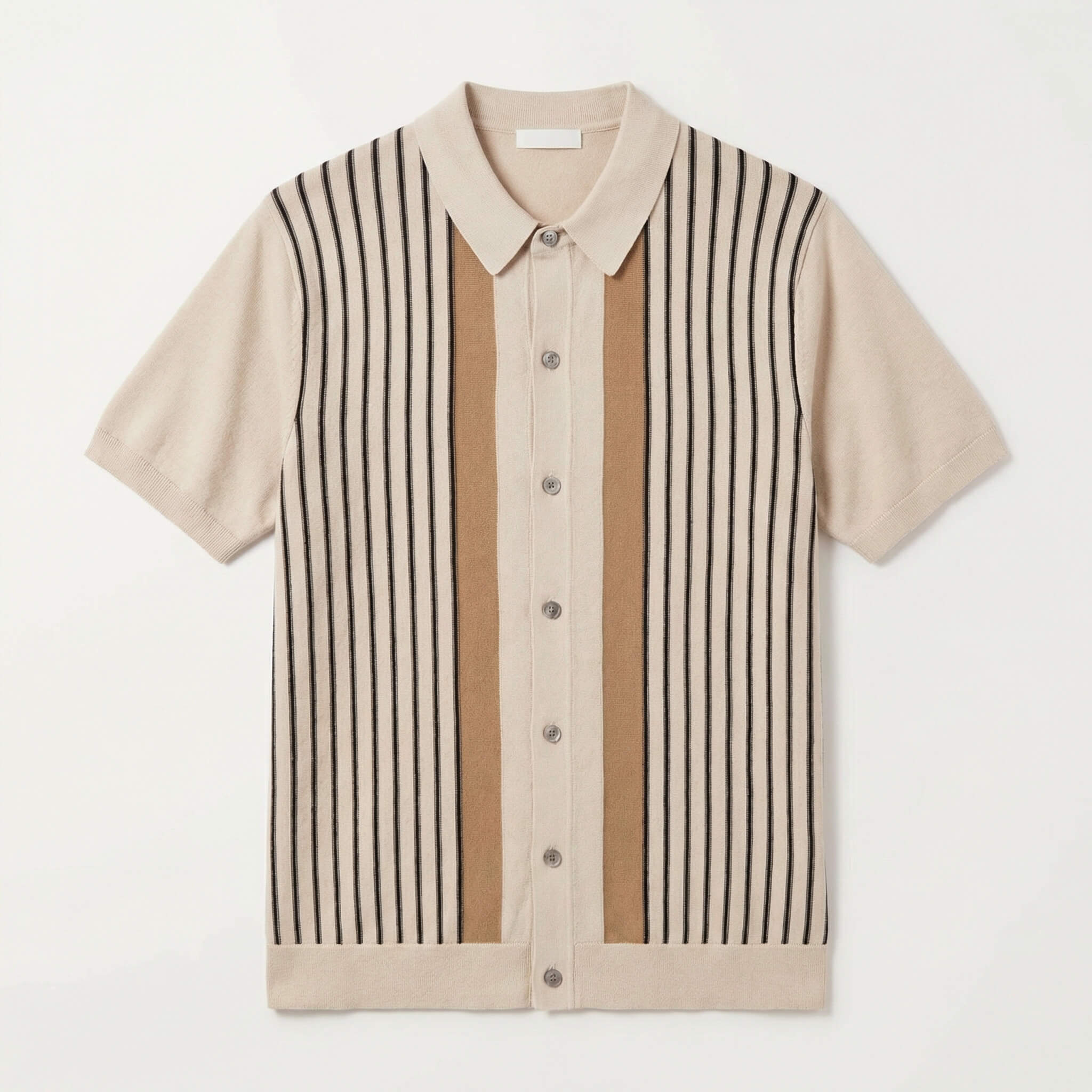 Vertical stripe soft knit button up shirt, view 1