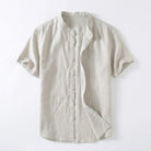 Band collar linen cotton short sleeve shirt in ivory
