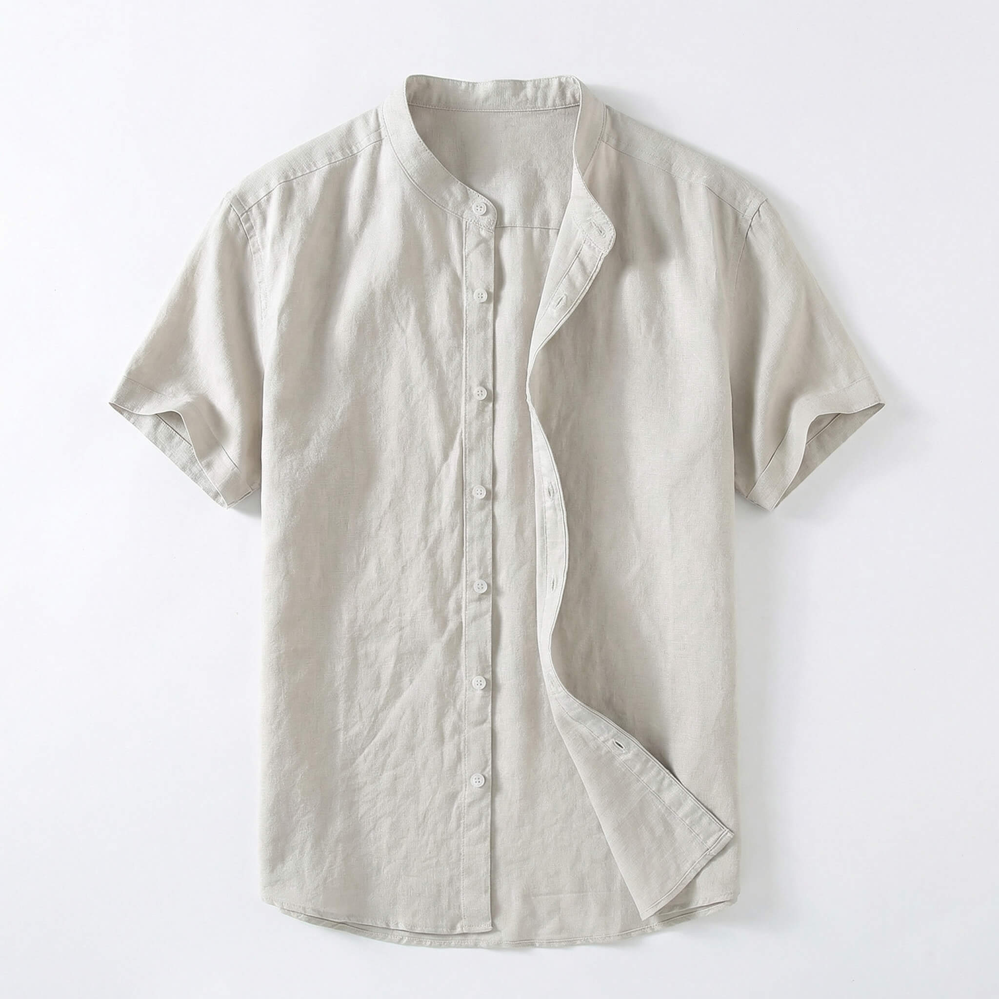 Band collar linen cotton short sleeve shirt in ivory