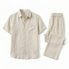 Prewashed linen two piece drawstring set in beige