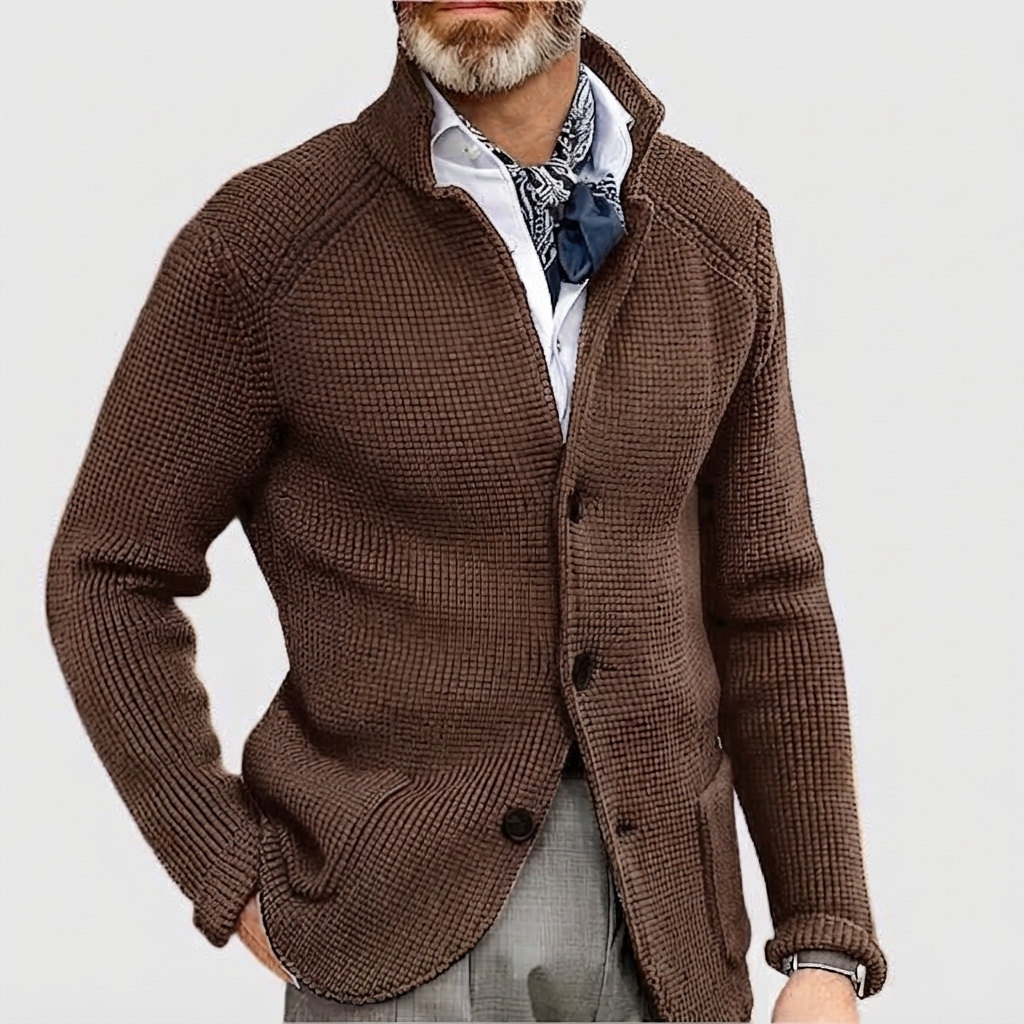 Cardigan Sweater Mens Waffle Knit Stand Collar Button Front Textured