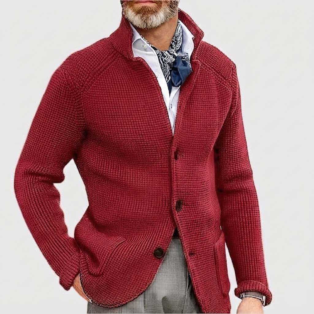 Cardigan Sweater Mens Waffle Knit Stand Collar Button Front Textured