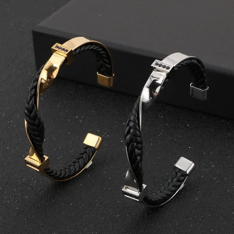 Polished steel braided leather cuff bracelet, view 5