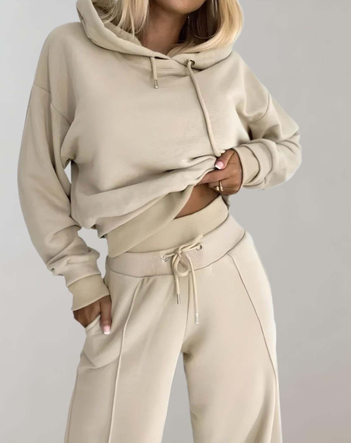 Fall Hoodie and Wide Leg Pants Lounge Set for Women in Beige