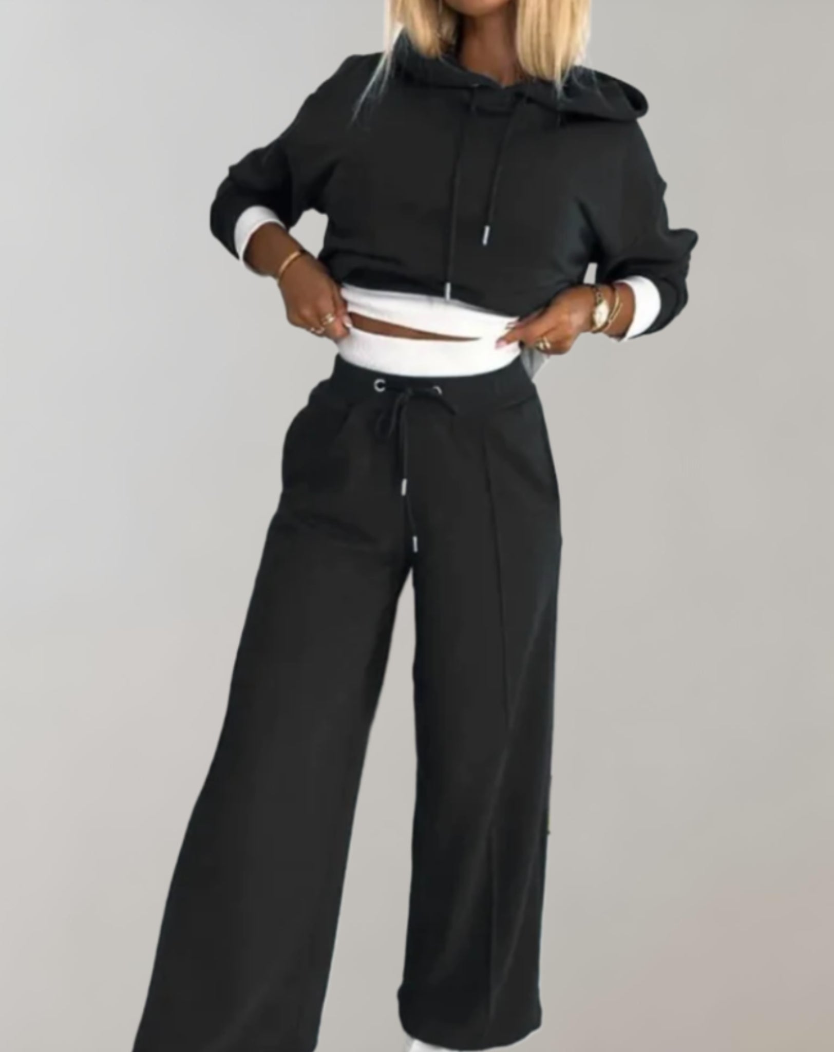 Fall Hoodie and Wide Leg Pants Lounge Set for Women in Black