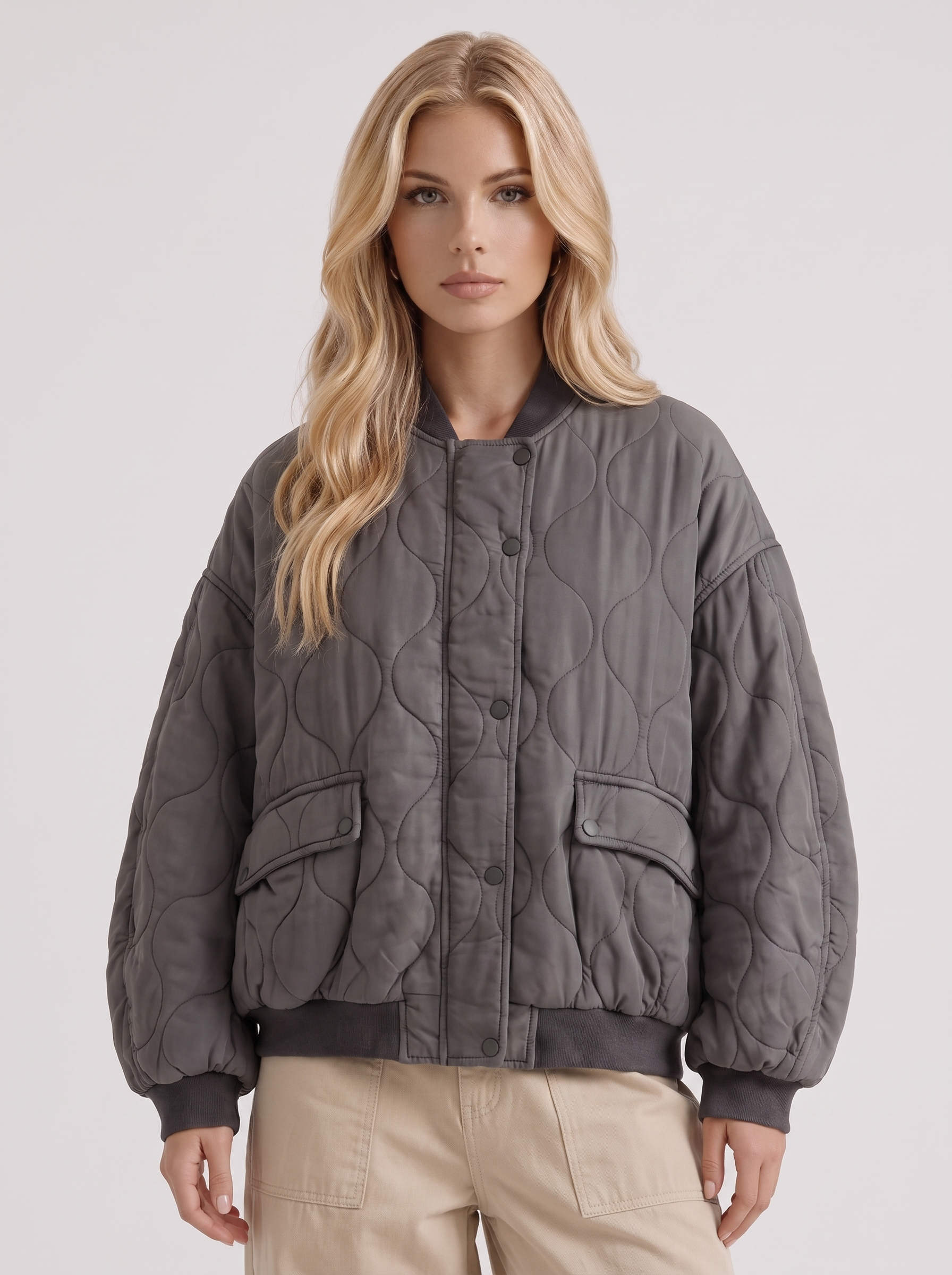 Bomber Jacket Womens Oversized Onion Quilted Snap Front Ribbed Trim