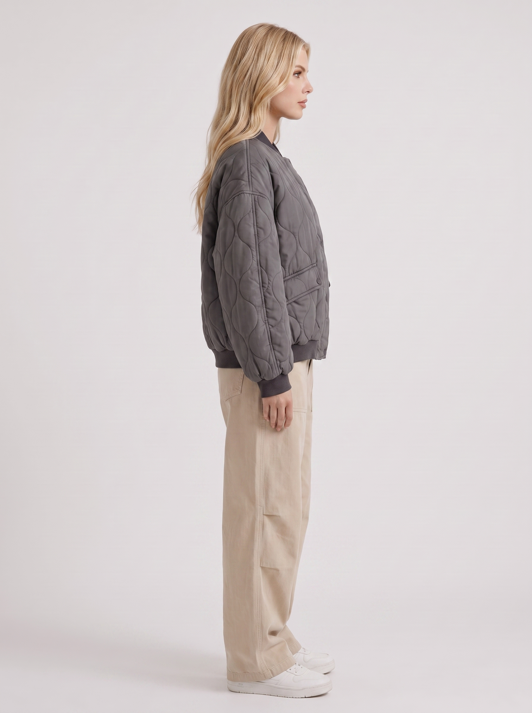 Bomber Jacket Womens Oversized Onion Quilted Snap Front Ribbed Trim