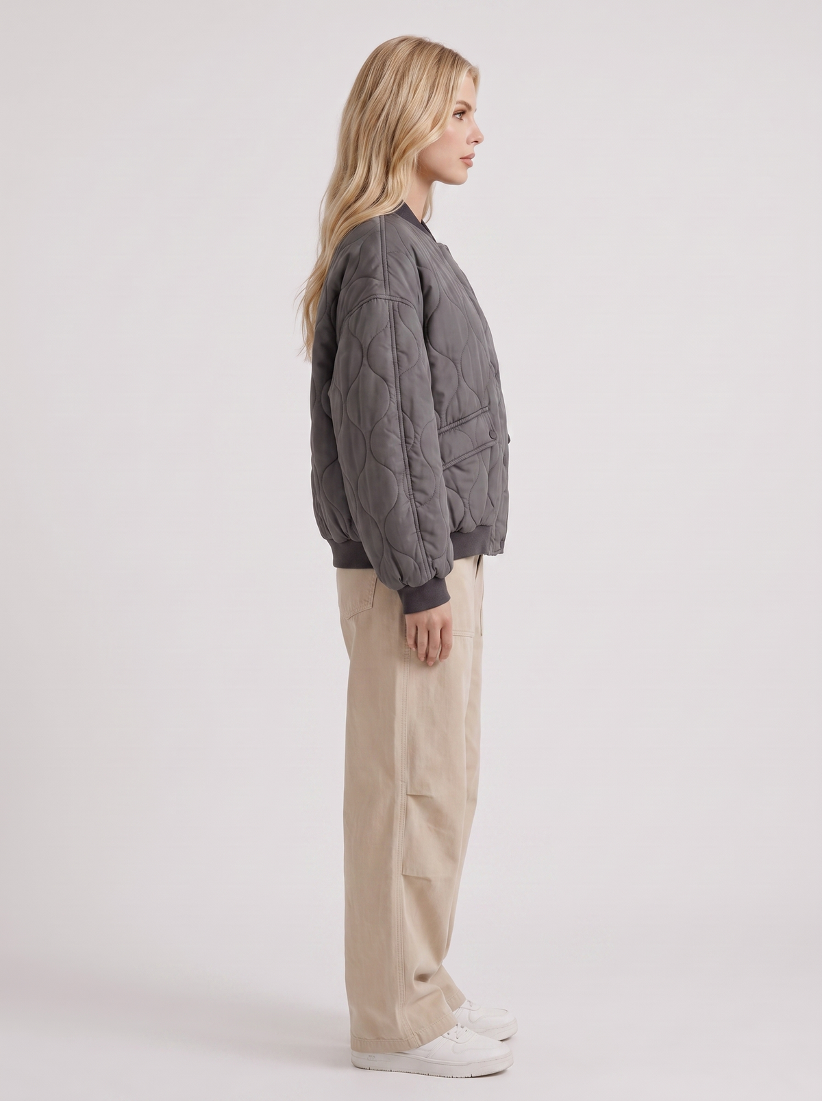 Bomber Jacket Womens Oversized Onion Quilted Snap Front Ribbed Trim