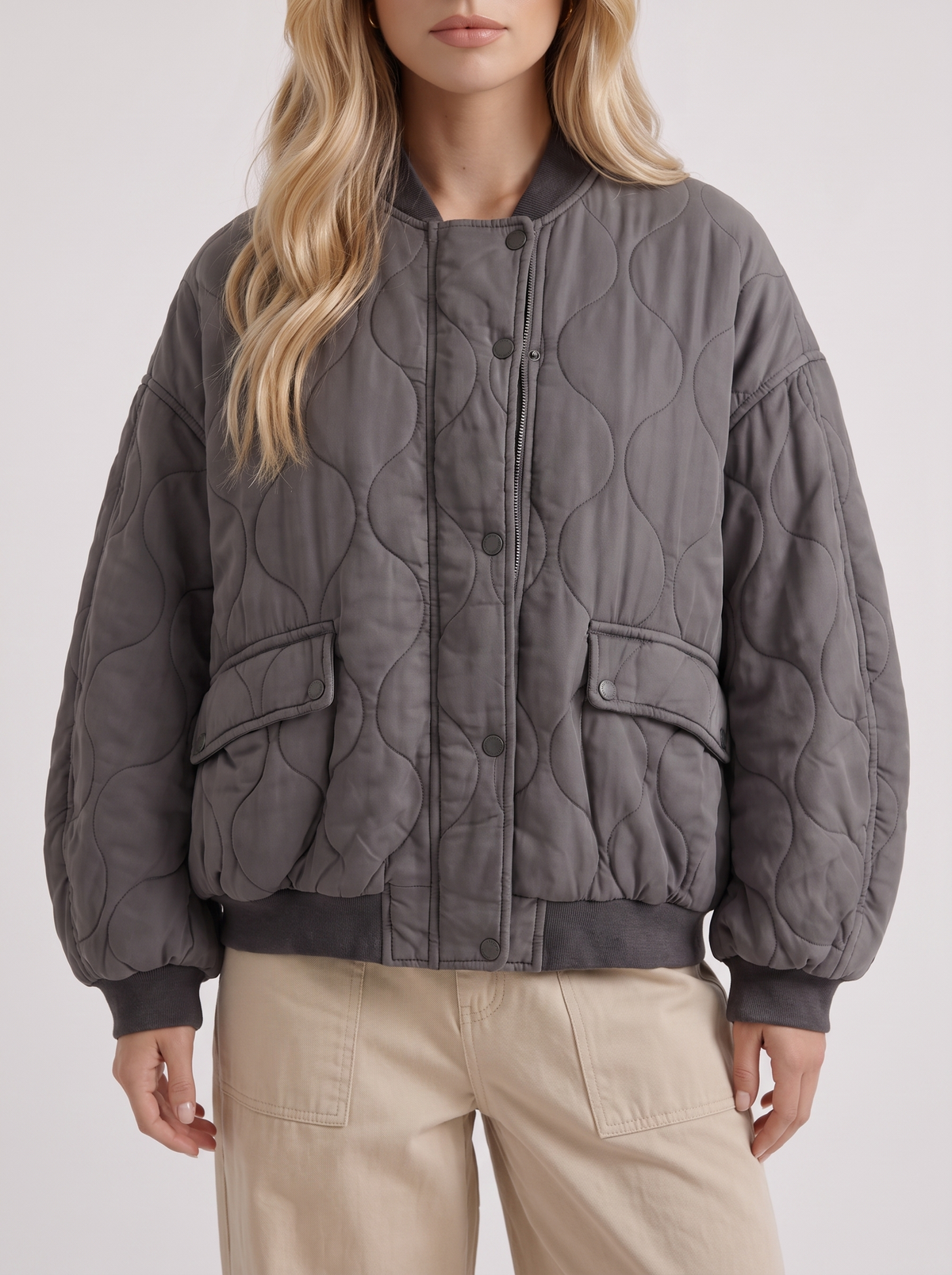 Bomber Jacket Womens Oversized Onion Quilted Snap Front Ribbed Trim