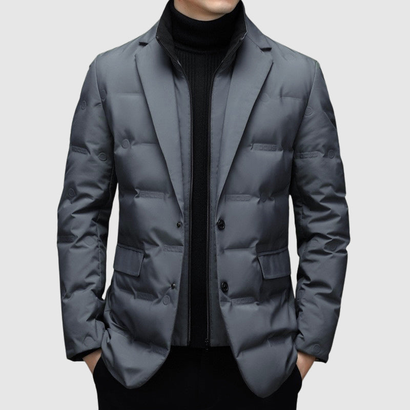Winter Quilted Puffer Blazer Jacket with Notch Lapel for Men in Gray