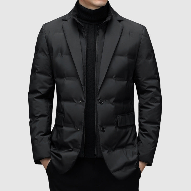 Winter Quilted Puffer Blazer Jacket with Notch Lapel for Men in Black