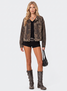 Denim Trucker Jacket Womens Oversized Leopard Print Button Front