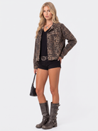 Denim Trucker Jacket Womens Oversized Leopard Print Button Front