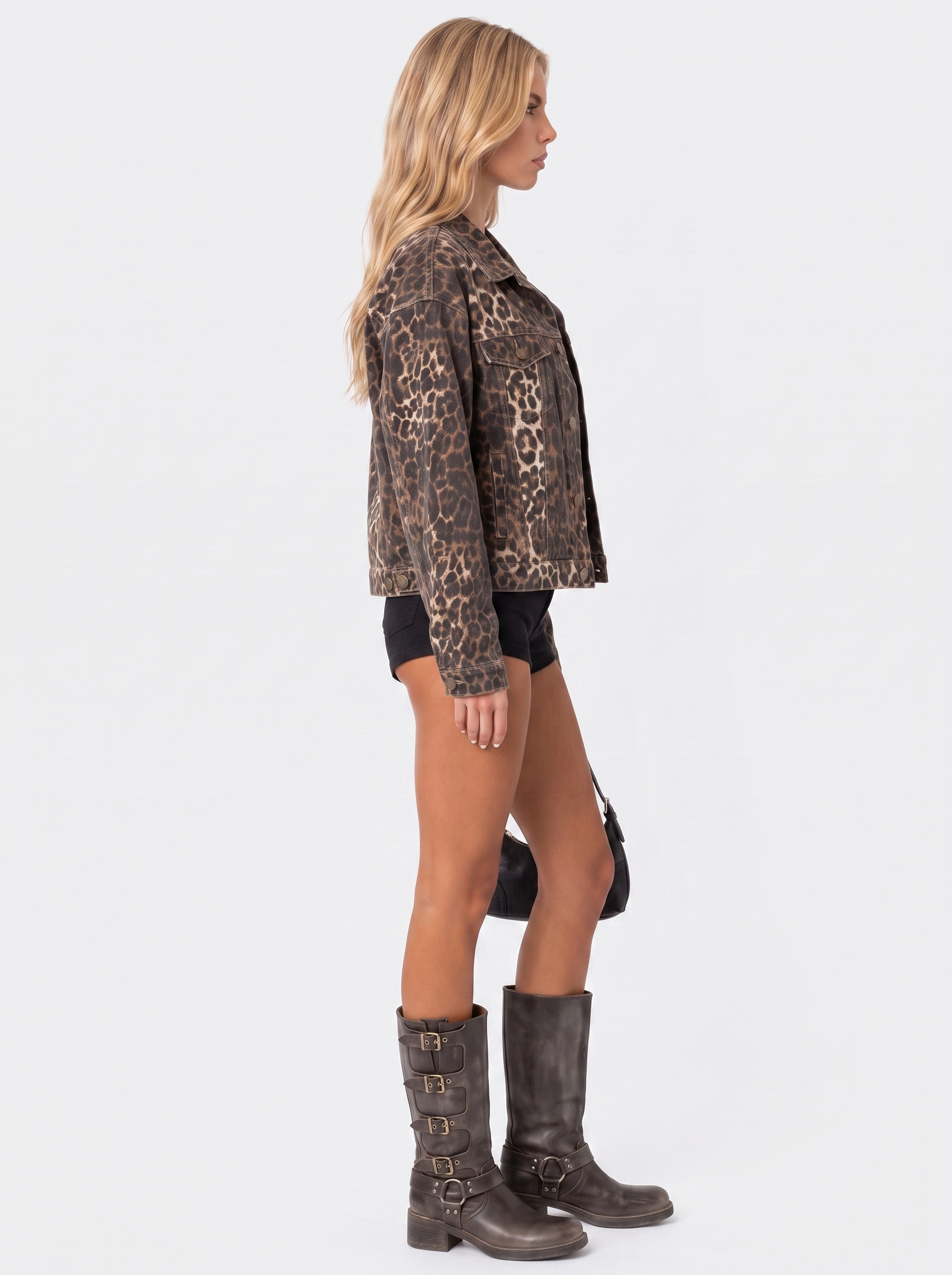 Denim Trucker Jacket Womens Oversized Leopard Print Button Front