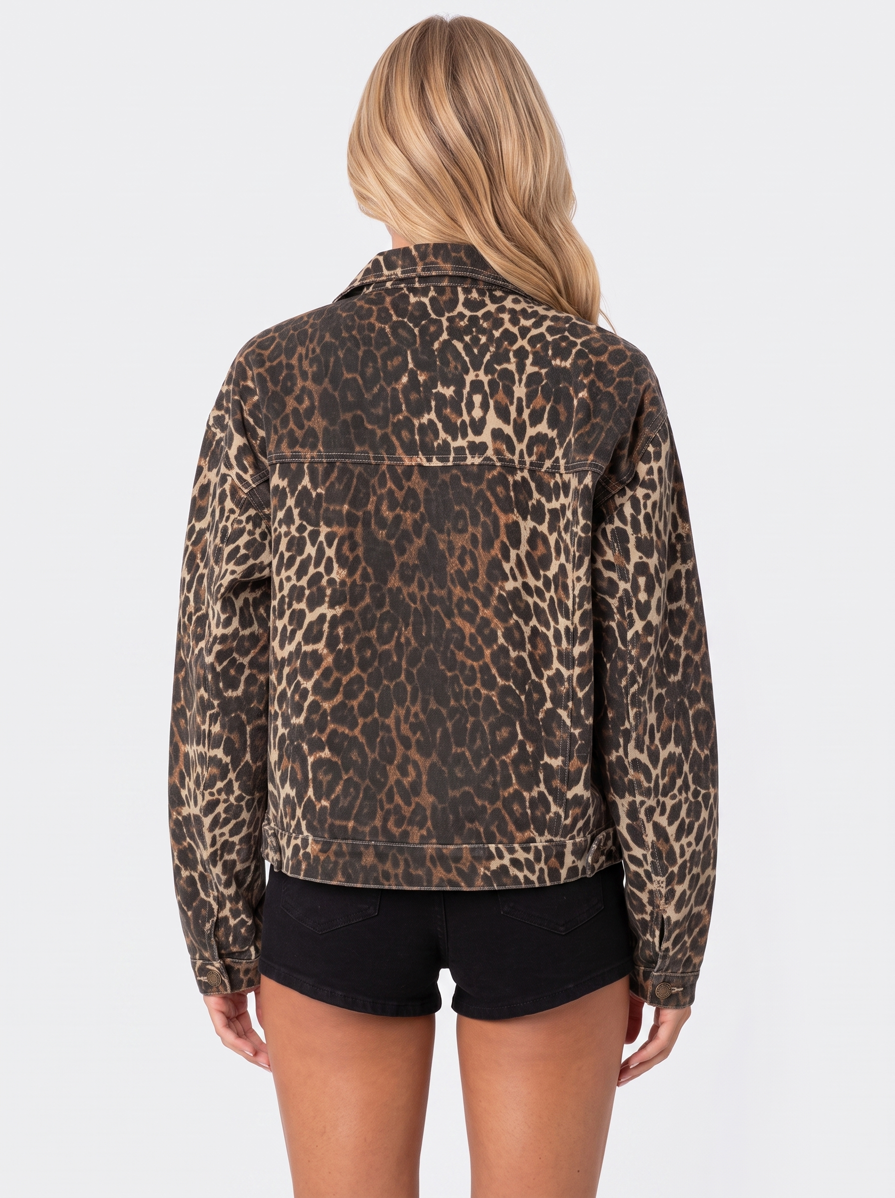 Denim Trucker Jacket Womens Oversized Leopard Print Button Front
