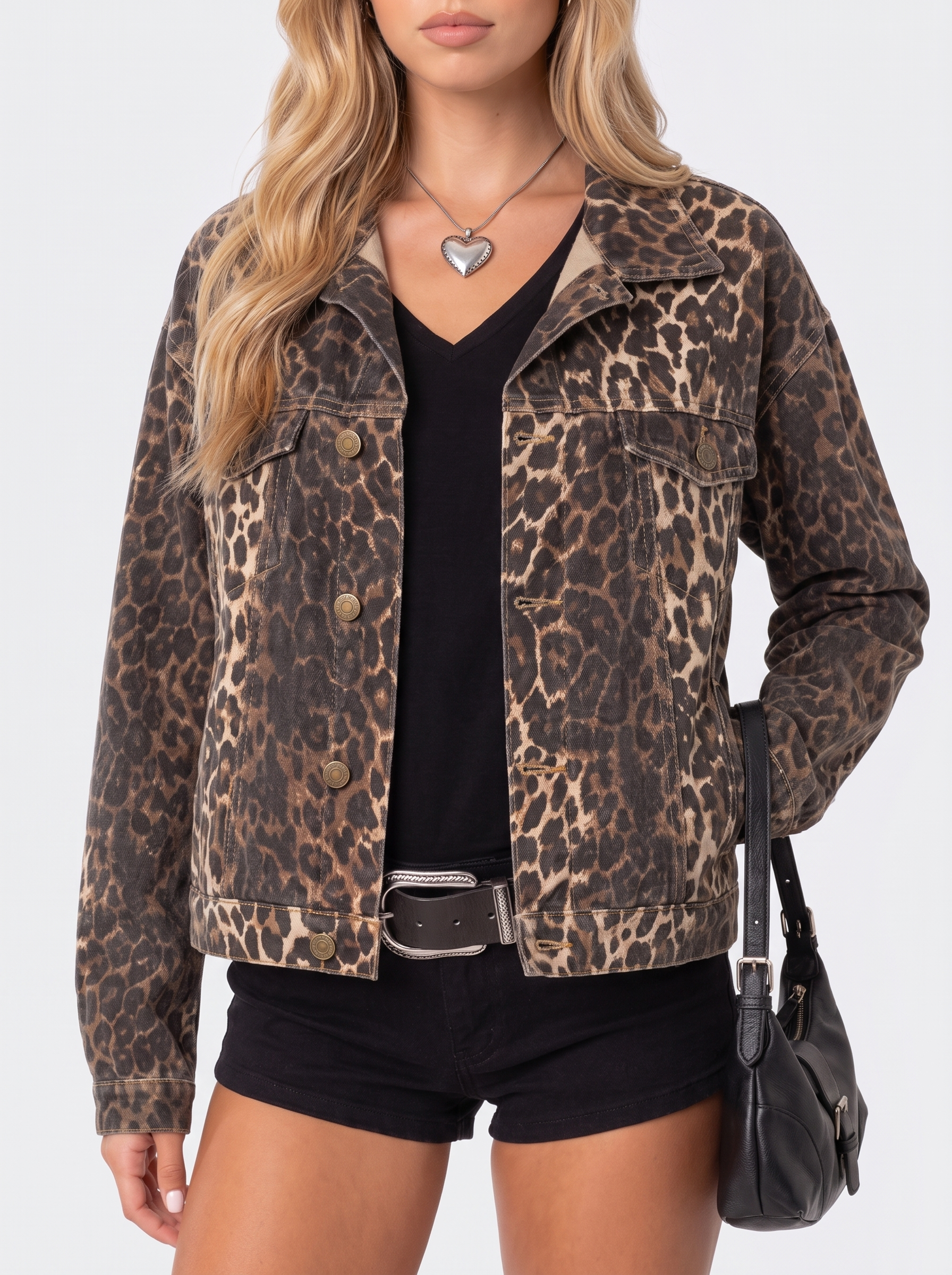 Denim Trucker Jacket Womens Oversized Leopard Print Button Front