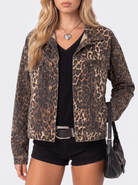 Denim Trucker Jacket Womens Oversized Leopard Print Button Front