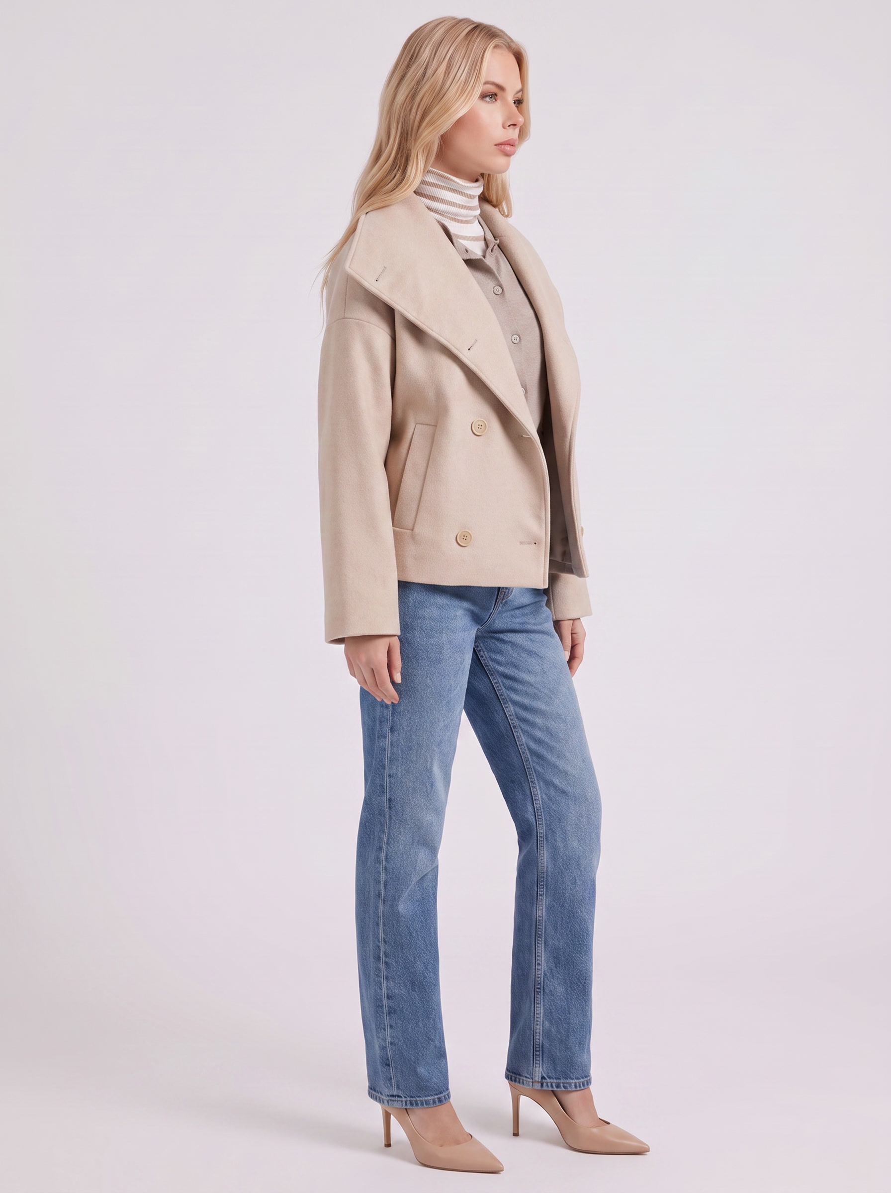 Pea Coat Womens Oversized Double Breasted Wool Blend Notch Collar